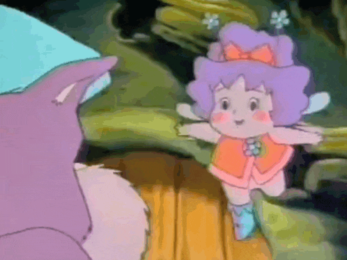 a cartoon character with purple hair is standing next to a cat