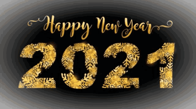 a black background with gold snowflakes and the words happy new year