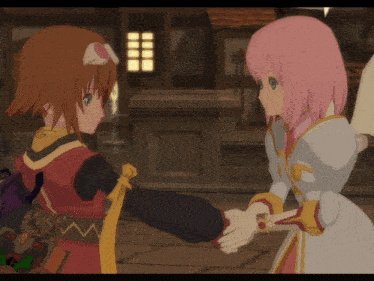 two anime characters shaking hands in front of a building with the letter w on the sleeve