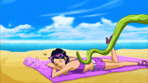 a cartoon of a woman laying on a purple towel