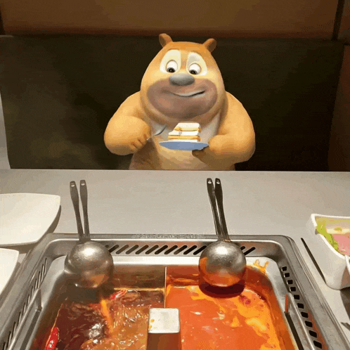 a cartoon bear is sitting at a table with two ladles and a plate of food