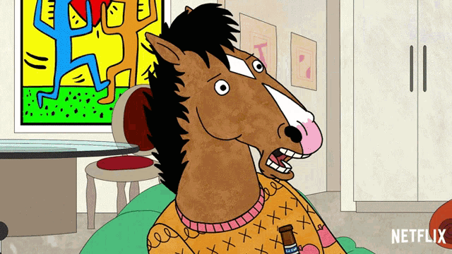a cartoon of a horse wearing a sweater with the word netflix on it