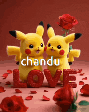 a couple of pikachu standing next to each other with the word love surrounded by red roses