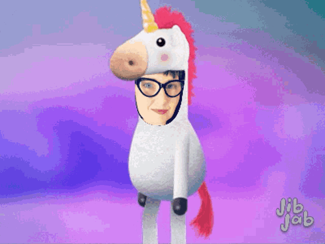 a person in a unicorn costume with jib jab on the bottom