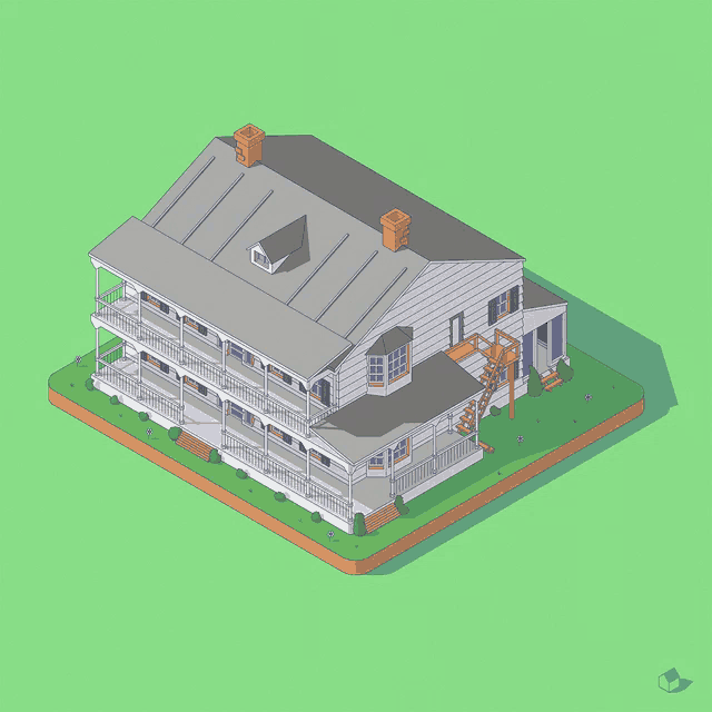 an isometric drawing of a house with stairs leading up to it