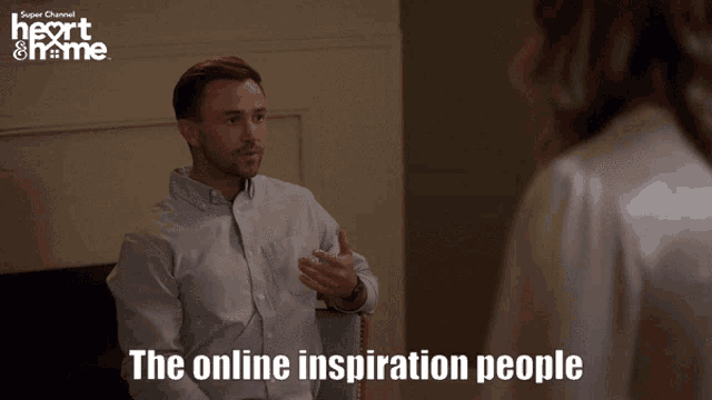 a man is talking to a woman with the words the online inspiration people below him