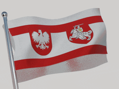 a red and white flag with an eagle and knight on it