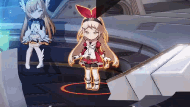 a girl with long blonde hair and a red bow on her head is standing in a room