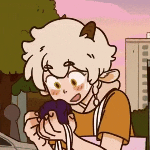 a cartoon of a girl with horns holding a purple object .