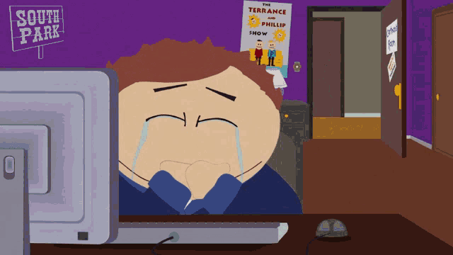 a cartoon of a man crying in front of a sign that says south park