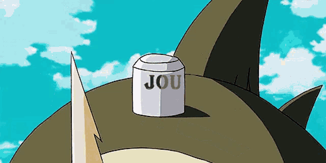 a cartoon of a shark with a can of jou on top of it