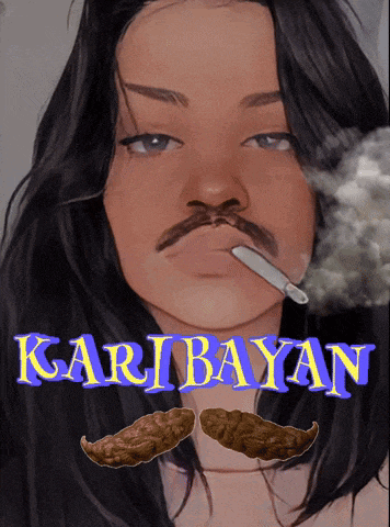 a woman with a mustache is smoking a cigarette and the words karibayan are above her head