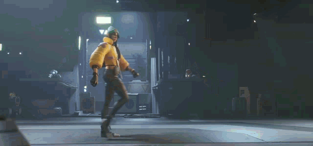 a cartoon character with a yellow jacket and a green helmet has a pink f on his chest