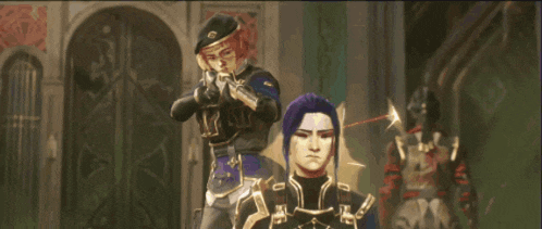 a man with purple hair is standing in front of a woman with a gun