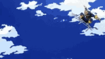 a person is flying through the air with a sword in their hand .