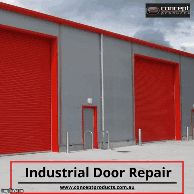 an ad for industrial door repair shows a gray building with red doors