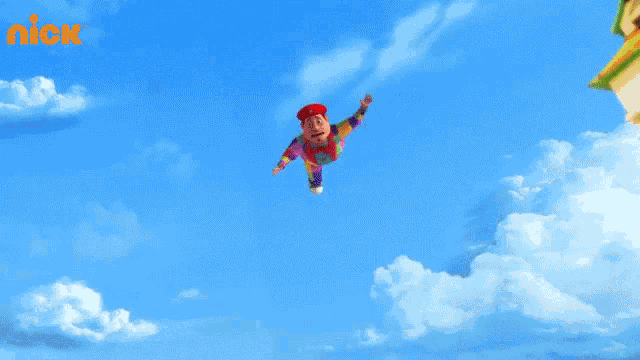 a colorful cartoon character is flying through the air with his arms outstretched .