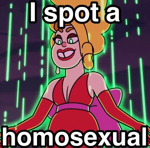 a cartoon of a woman in a red dress with the words `` i spot a homosexual '' on it .