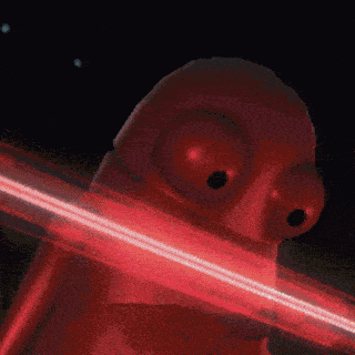 a cartoon character holding a red light saber