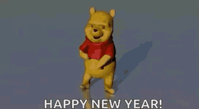 winnie the pooh is dancing in a happy new year greeting card .
