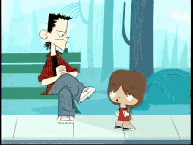 a cartoon of a man sitting on a park bench talking to a little boy