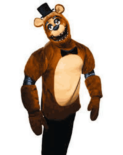 a person in a five nights at freddy 's freddy bear costume is standing on a white background .