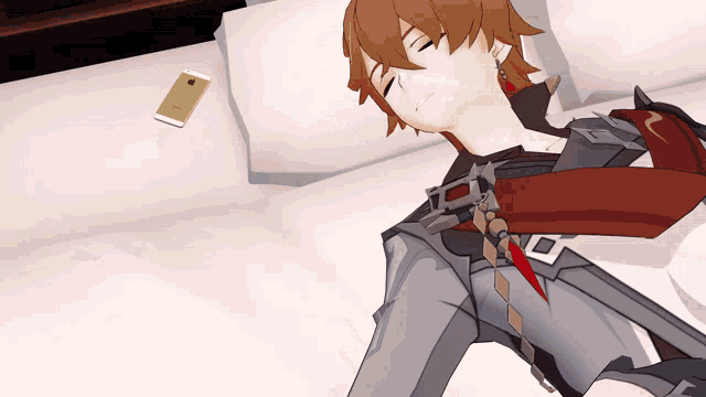 a cartoon character laying on a bed next to a phone that says iphone on it