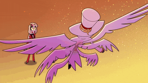 a cartoon character is standing next to a purple bird with wings