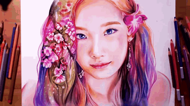a painting of a girl with flowers in her hair
