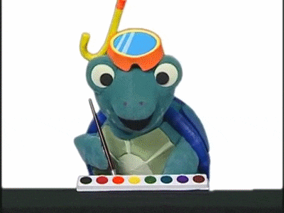 a turtle wearing a snorkel and goggles is painting with a brush .