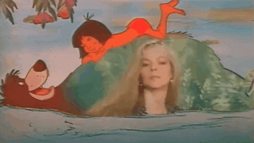 a cartoon of a woman laying on a bear 's back in the water .