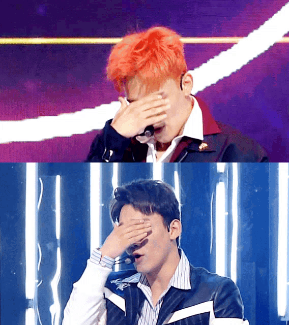 two pictures of a man with red hair covering his eyes