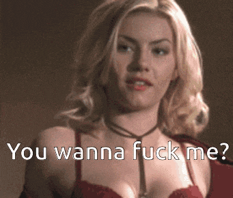 a woman in a red bra with the words " you wanna fuck me " above her