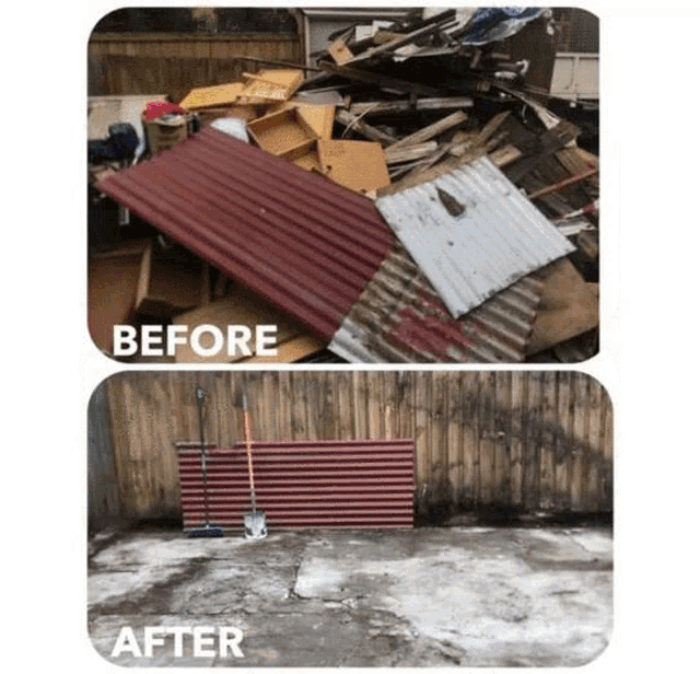a before and after picture of a pile of rubble