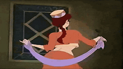 a cartoon drawing of a woman holding a purple scarf