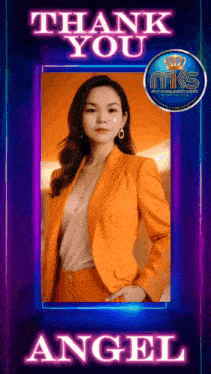 a woman in an orange suit stands in front of a thank you message