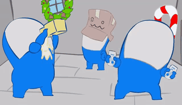 three blue cartoon characters are standing in a room with a candy cane and a christmas tree