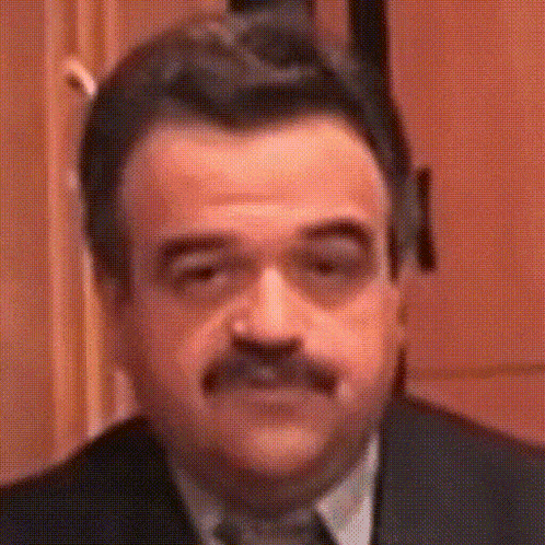 a man with a mustache is wearing a suit and tie and looking at the camera .