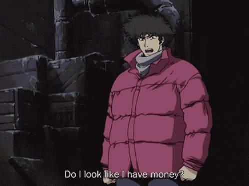 a man in a pink jacket is asking do i look like i have money