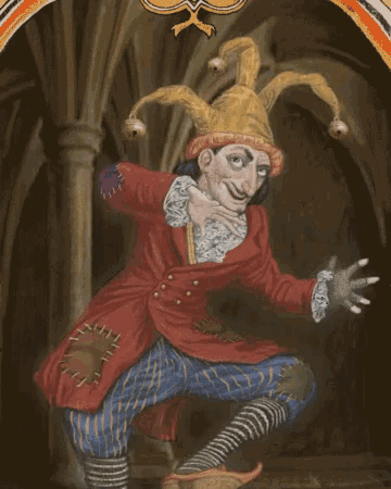 a painting of a man in a jester costume with bells on his hat