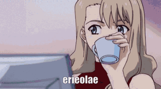 a cartoon girl drinking from a cup with the word erieolae on the bottom