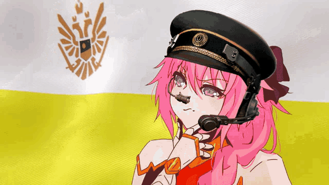 a girl with pink hair and a mustache is wearing a hat with the letter b on it
