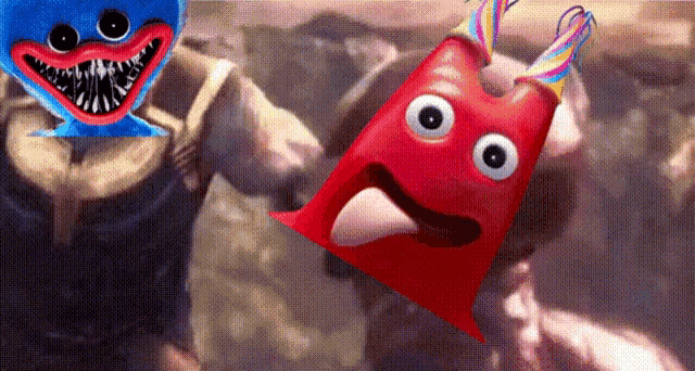 a blue cartoon character and a red cartoon character are standing next to each other