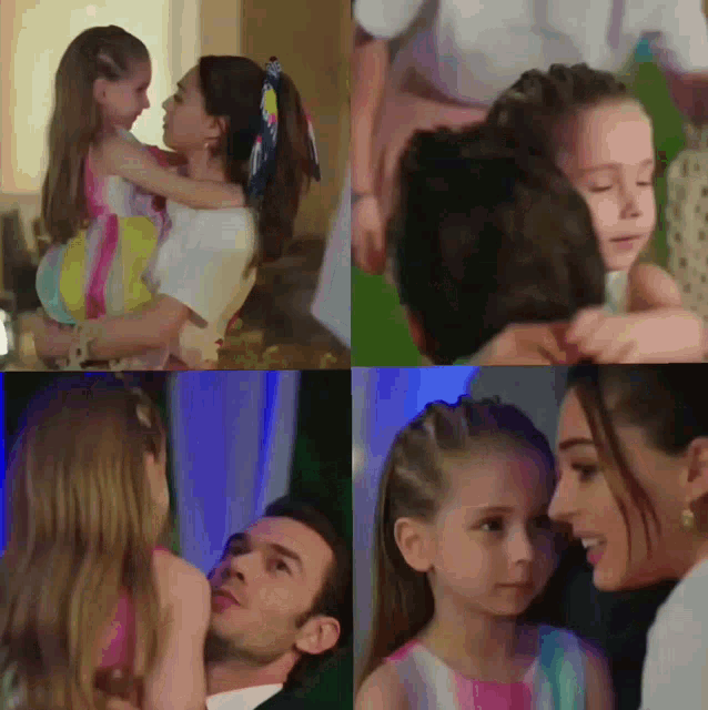 a man and a little girl are hugging each other in a collage