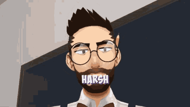 a man with glasses and a beard says harsh on his face