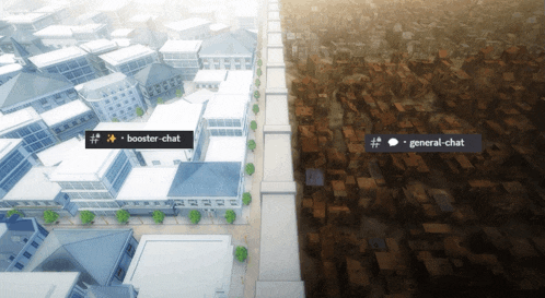 an aerial view of a city with booster chat and general chat