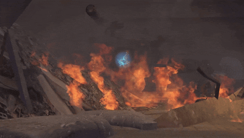a computer generated image of a destroyed building with flames coming out of it