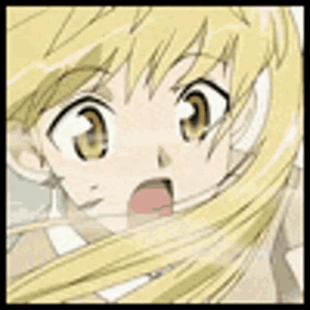 a close up of a blonde anime girl with long hair .