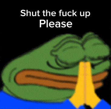 a cartoon frog is praying with the words " shut the fuck up please " behind him