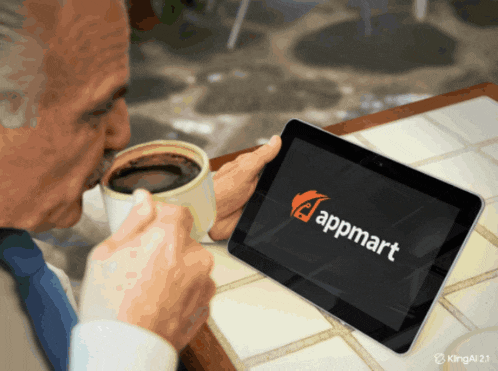 a man drinking coffee while looking at a tablet that says appmart on it